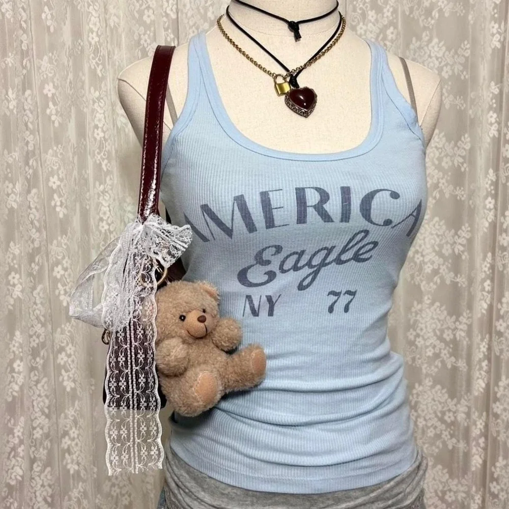 American Eagle‎ Baby Blue Tank Top Size XS Summer Graphic Preppy Lounge - Picture 2 of 6